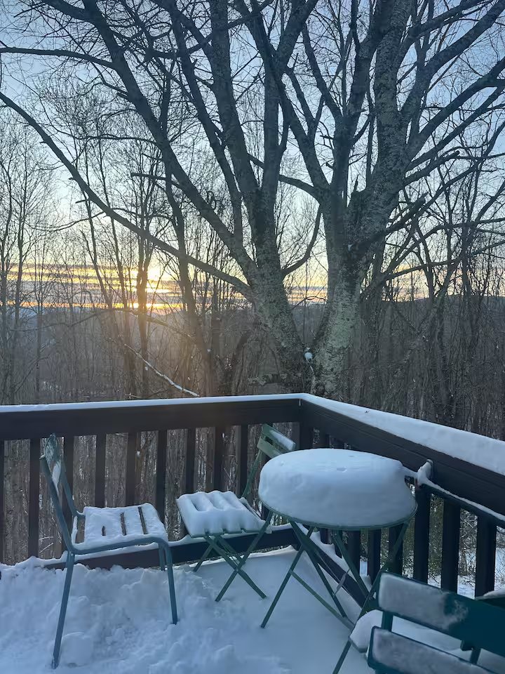 Long-range winter sunset view from the back deck at Mountain Retreat