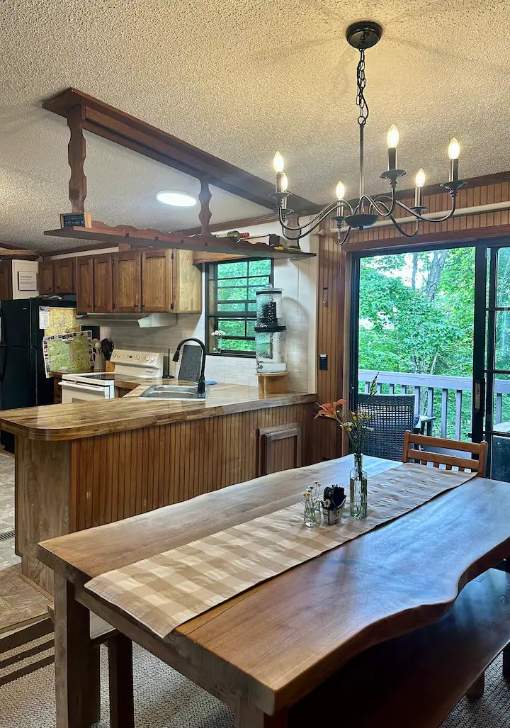Dining table with view into the kitchen