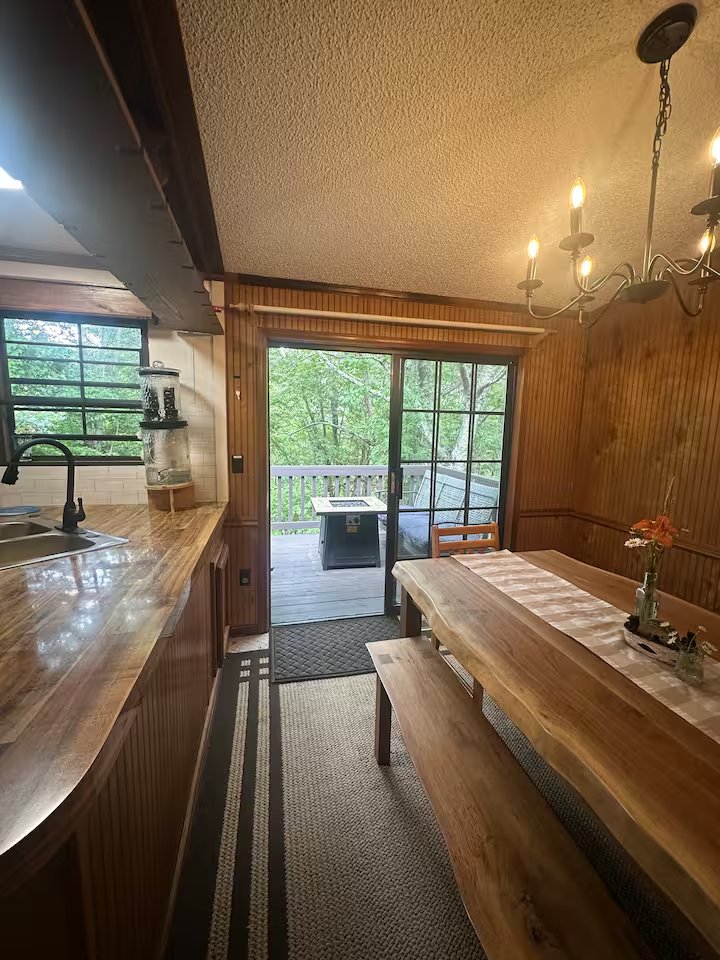 Kitchen counter with view out to the deck