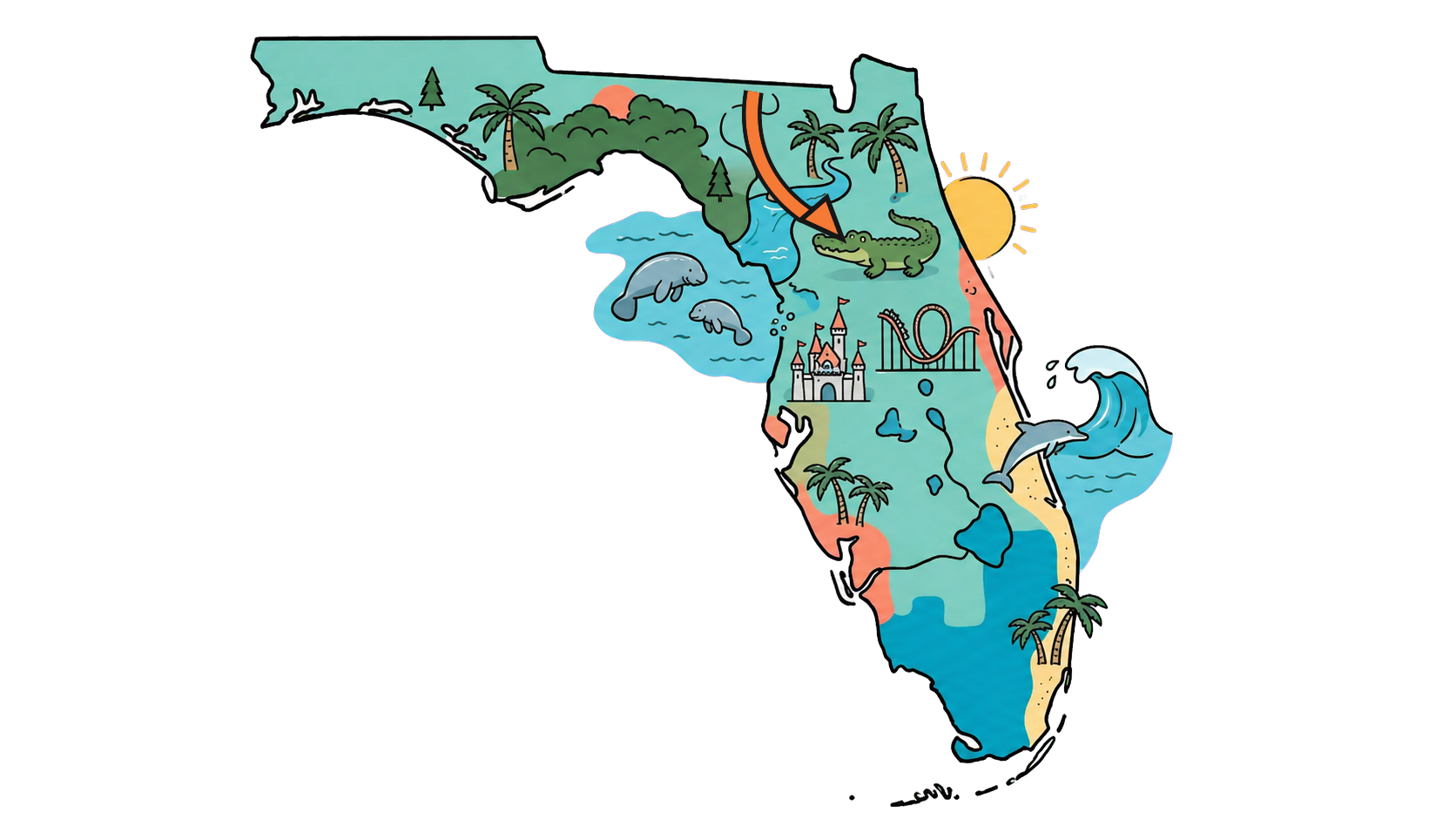 Illustrated map of Florida with an arrow marking DeLand — natural springs, Orlando theme parks, and Daytona-area beaches nearby